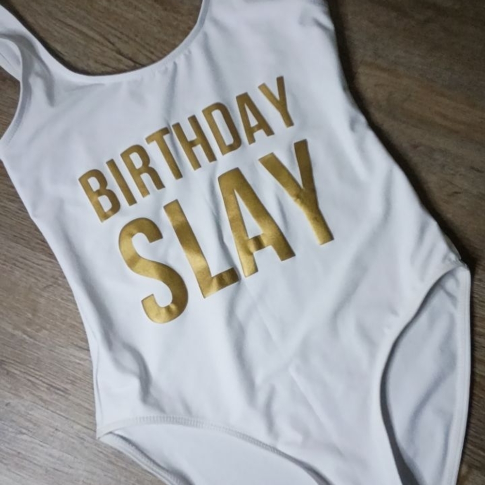 White and Gold Birthday  Slay Suit One Piece Comes With A Free Clear Visor